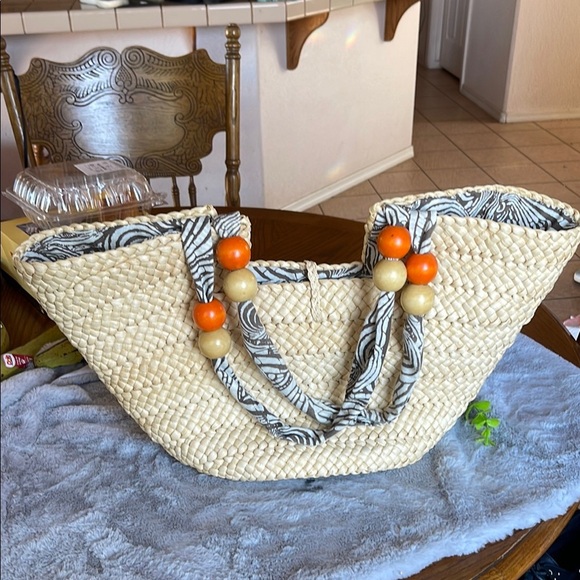 AHAVA Straw Tote with Orange and Cream Accents - Picture 2 of 11
